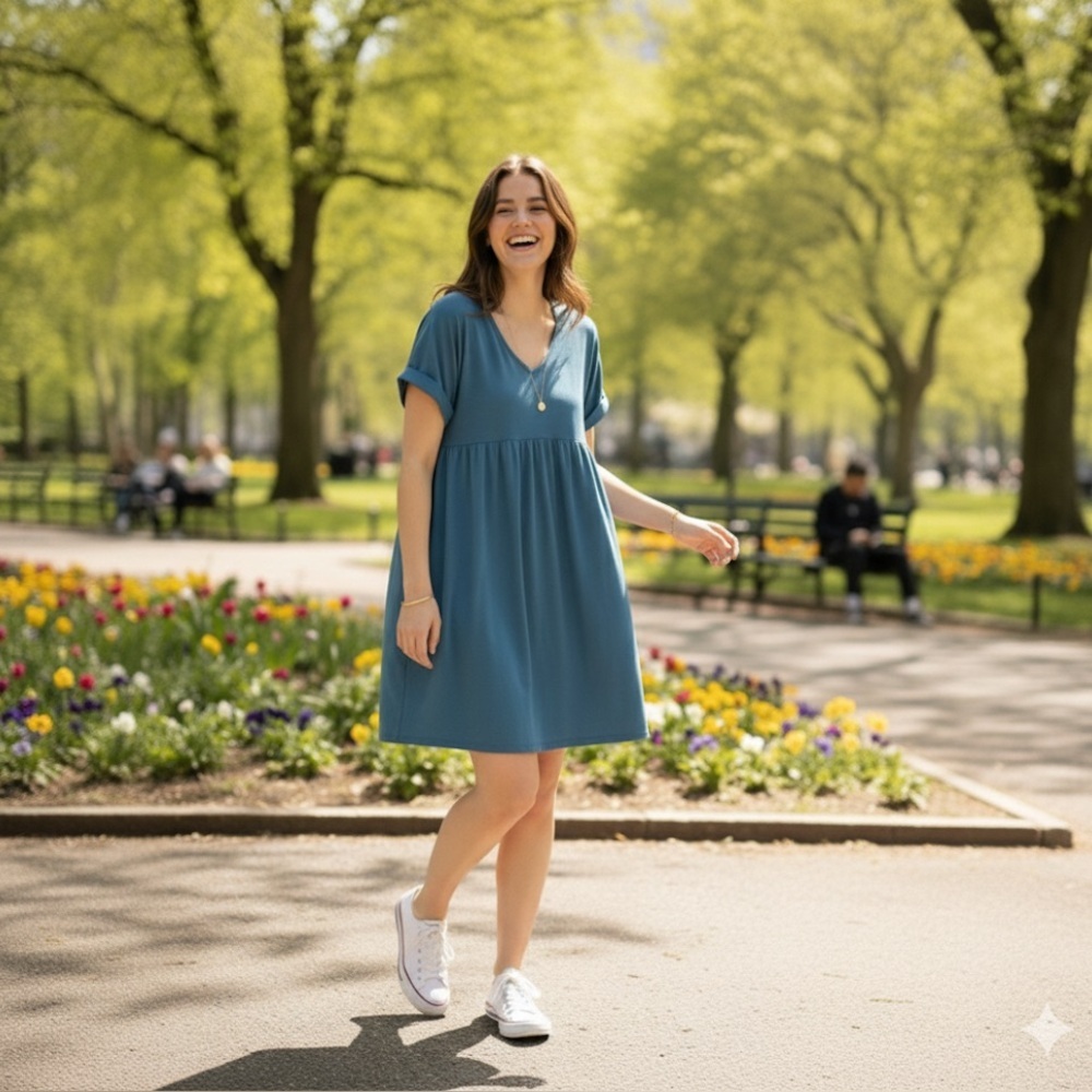 Blue V-Neck Women's Babydoll Dress